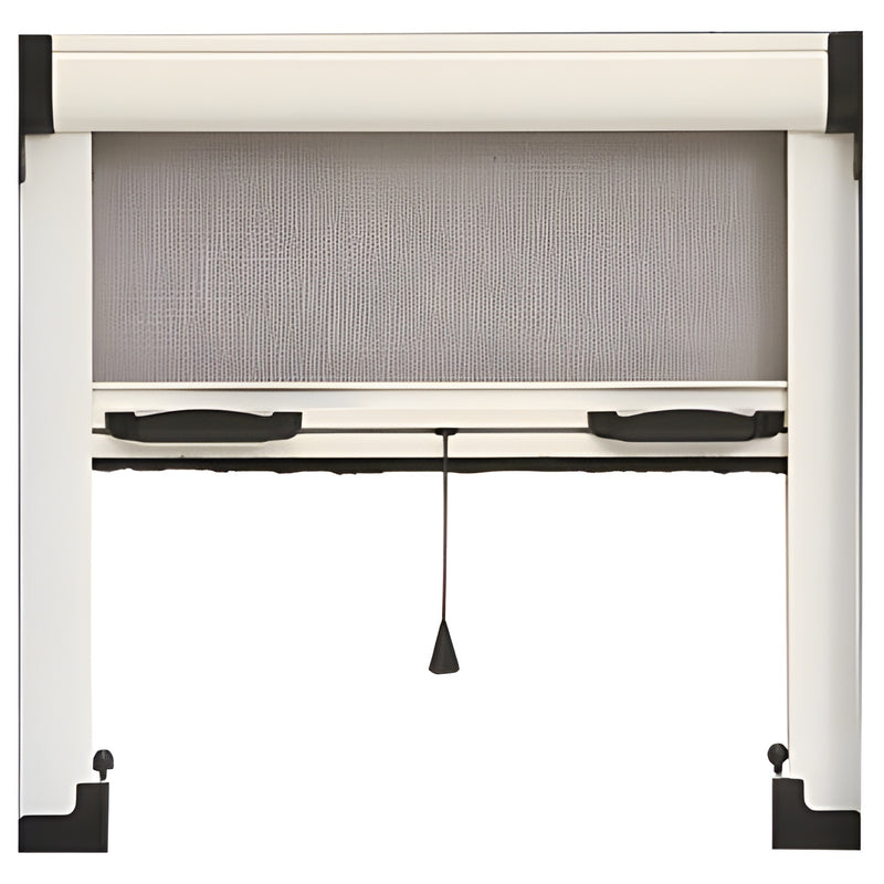 White CRL Euro retractable interior window screen (SKU RWS39W) with charcoal mesh, pull tab and mounting hardware.