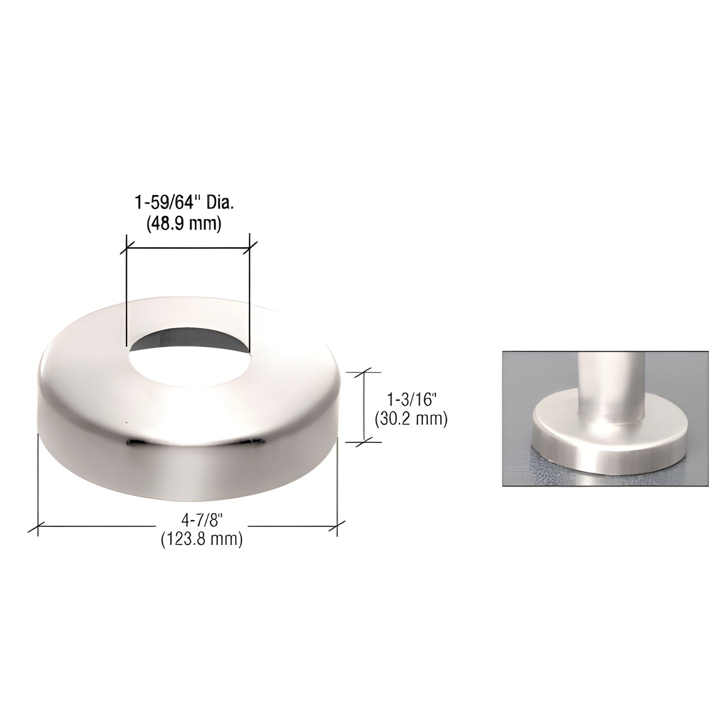 Polished stainless steel snap-on base flange cover (4-7/8" dia) for 1-1/4" Schedule 40 pipe rail, SKU CR15SPCPS