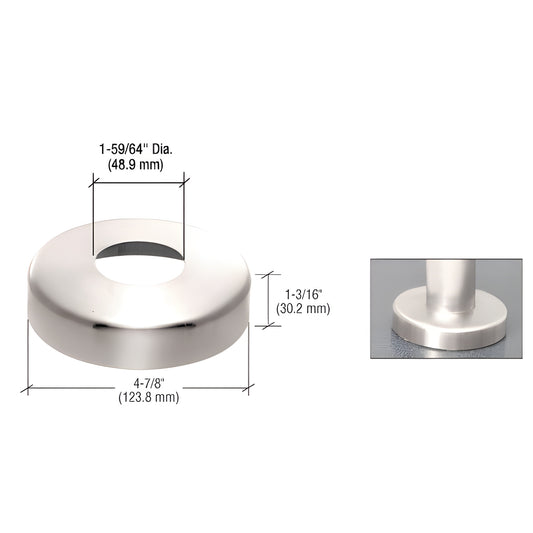 Polished stainless steel snap-on base flange cover (4-7/8" dia) for 1-1/4" Schedule 40 pipe rail, SKU CR15SPCPS