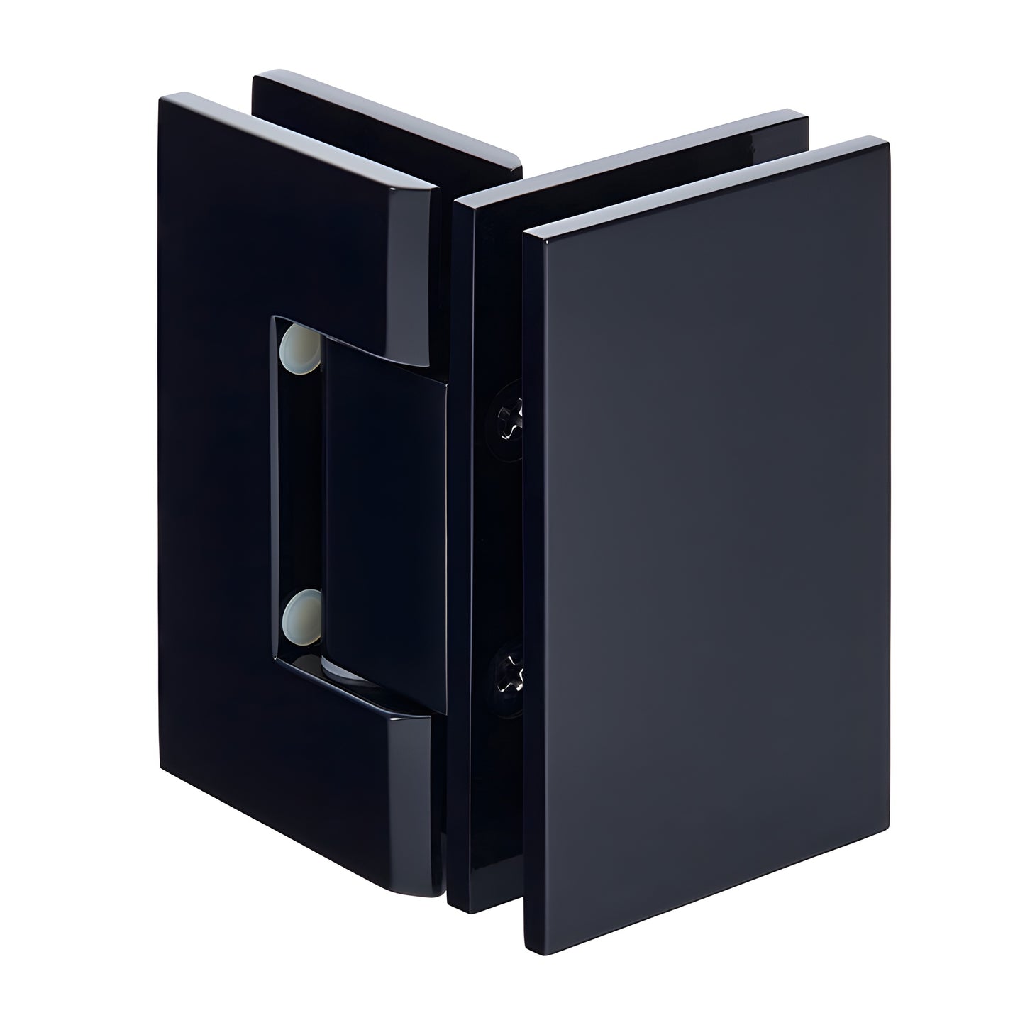 GEN092MBL matte-black square Geneva glass-to-glass shower hinge, brass, self-centering, fits 8-12mm glass