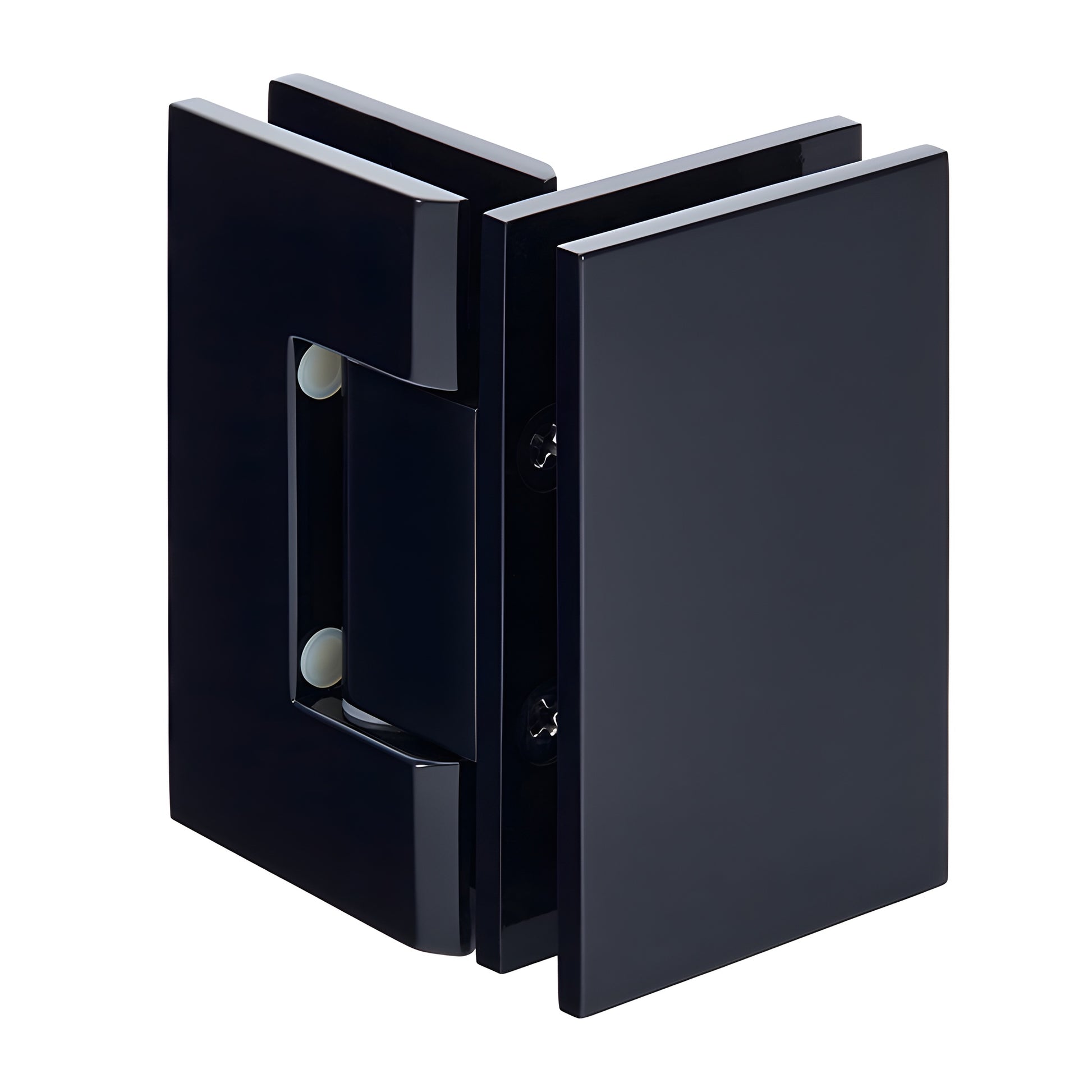 GEN092MBL matte-black square Geneva glass-to-glass shower hinge, brass, self-centering, fits 8-12mm glass