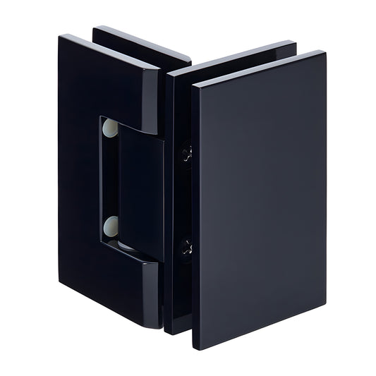 GEN092MBL matte-black square Geneva glass-to-glass shower hinge, brass, self-centering, fits 8-12mm glass