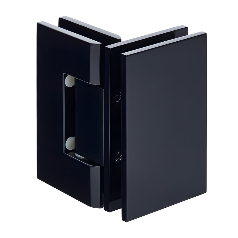 GEN092MBL matte-black square Geneva glass-to-glass shower hinge, brass, self-centering, fits 8-12mm glass