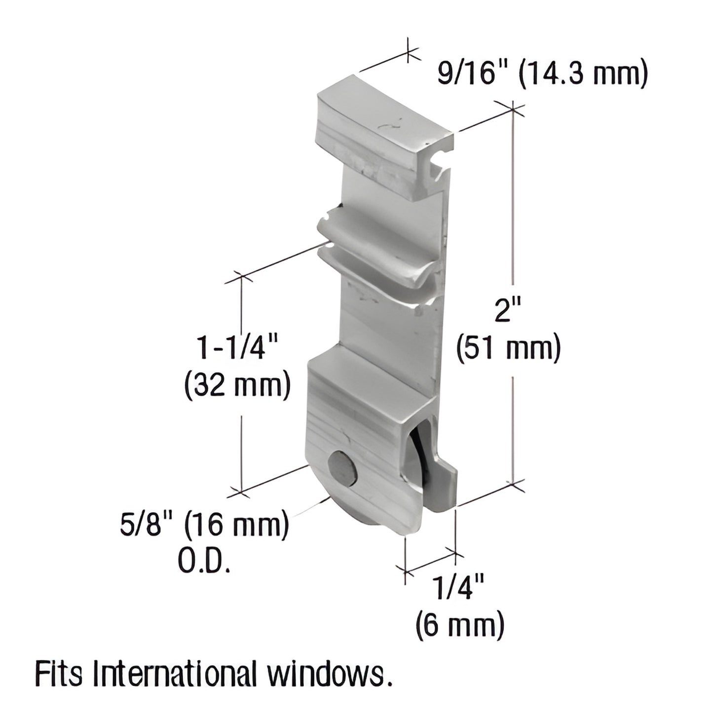 CRL G3124 aluminum window roller bracket with 5/8-inch steel ball-bearing roller, 2-inch housing; fits International sliding