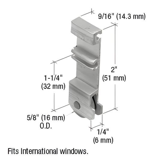 CRL G3124 aluminum window roller bracket with 5/8-inch steel ball-bearing roller, 2-inch housing; fits International sliding