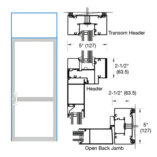 Diagram of 2-1/2" x 5" butt-hinged hurricane-impact transom door frame (Custom Kynar), SKU 0P91571, header and jamb details