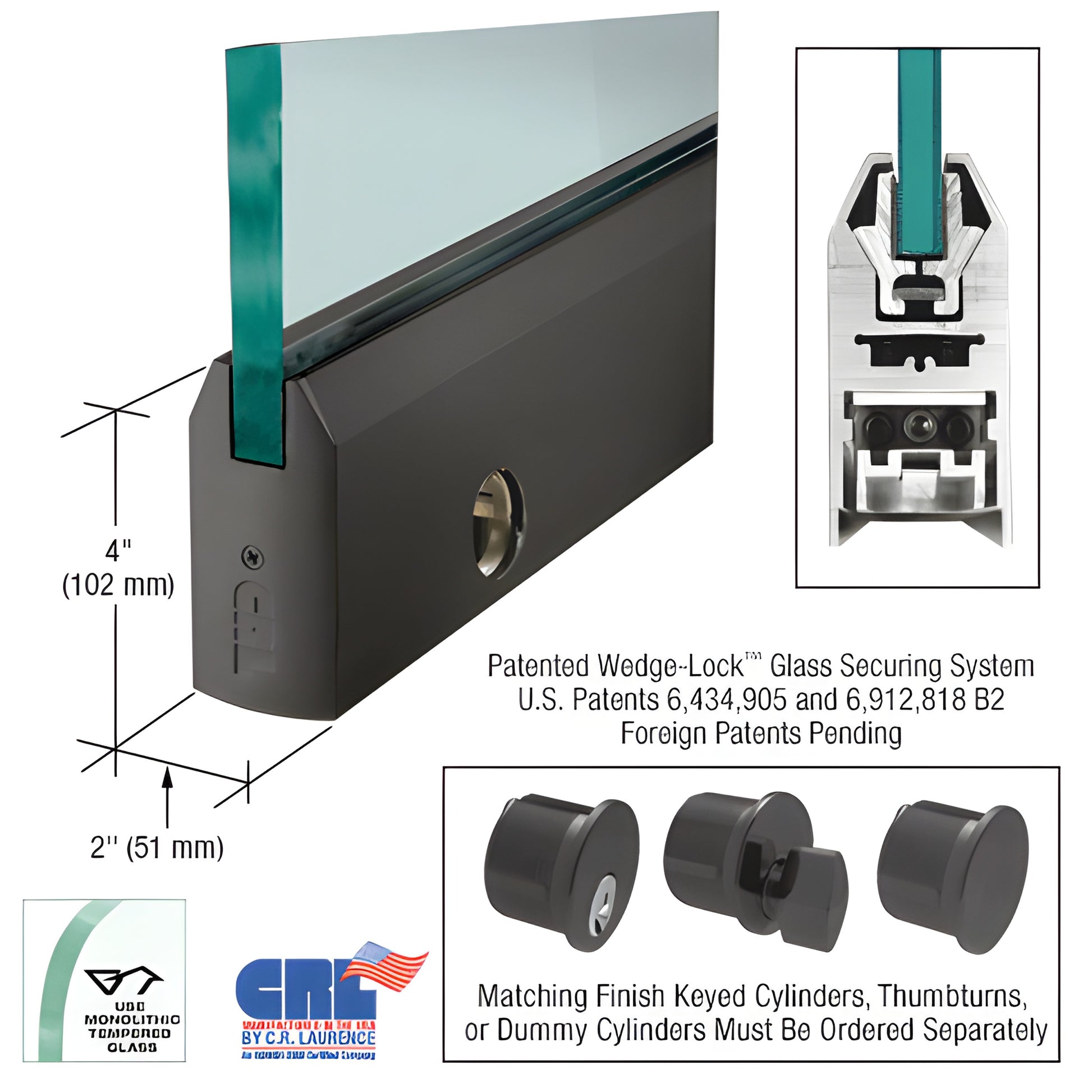 CRL DR4TDU12CL 4" black bronze tapered door rail for 1/2" glass with Wedge-Lock securing system, includes lock