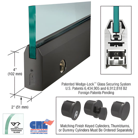 CRL DR4TDU12CL 4" black bronze tapered door rail for 1/2" glass with Wedge-Lock securing system, includes lock