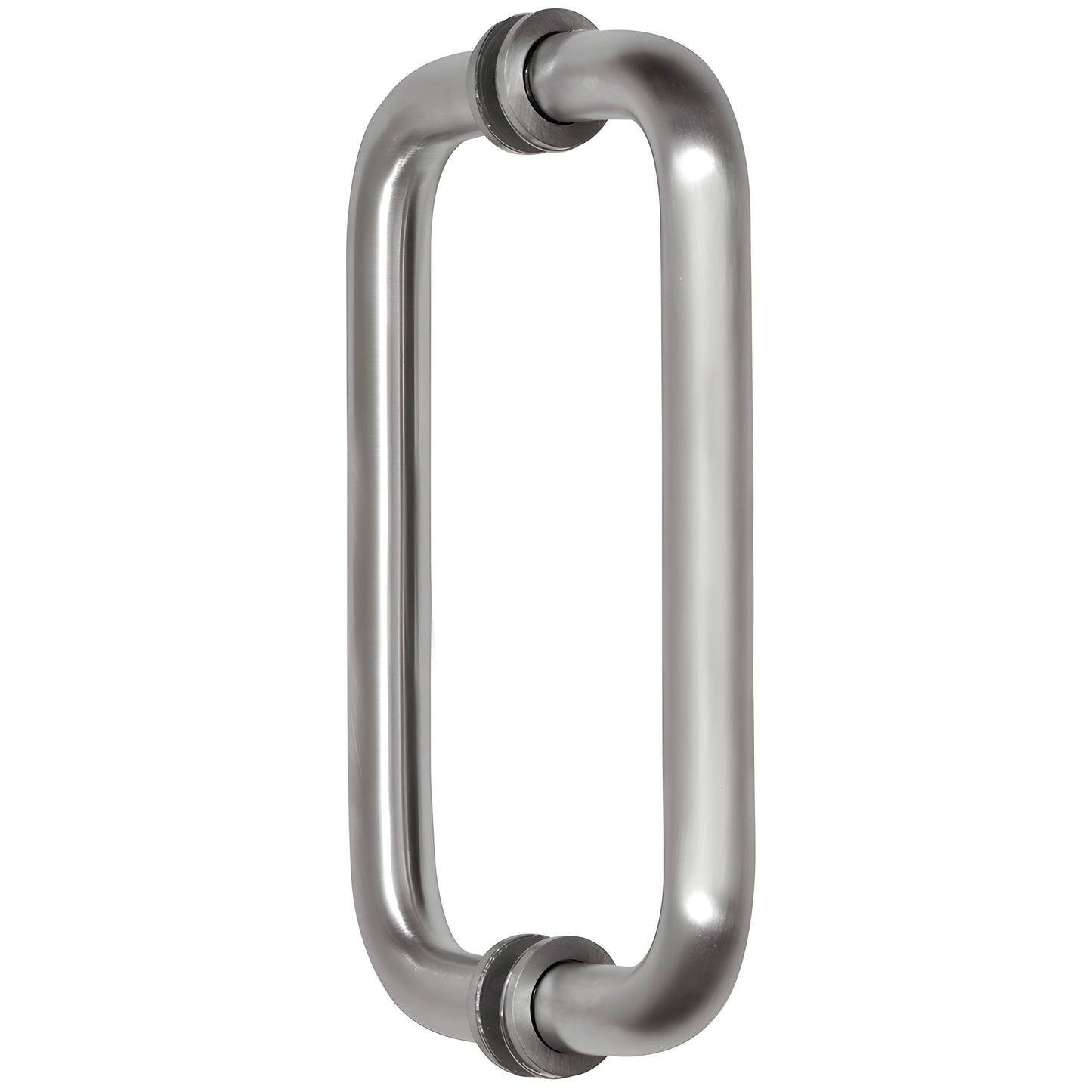 BM8X8BS: Brushed stainless steel 3/4" tubular back-to-back glass pull handle with metal washers, 8" center-to-center