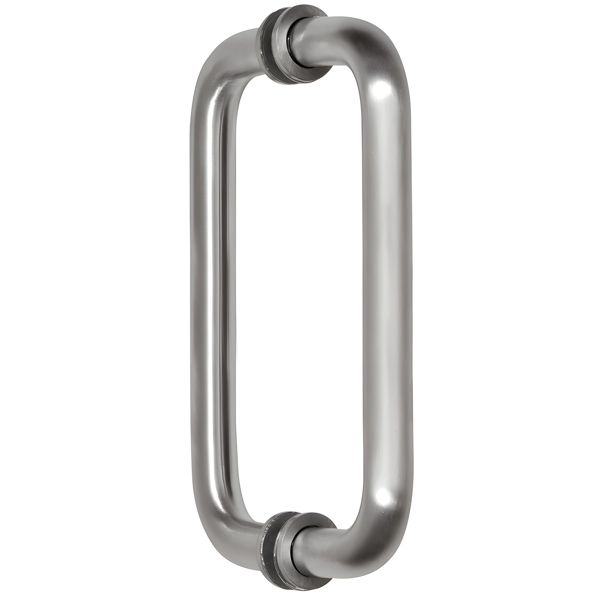 BM8X8BS: Brushed stainless steel 3/4" tubular back-to-back glass pull handle with metal washers, 8" center-to-center