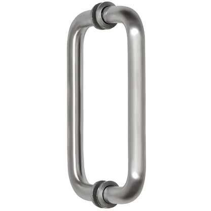 BM8X8BS: Brushed stainless steel 3/4" tubular back-to-back glass pull handle with metal washers, 8" center-to-center