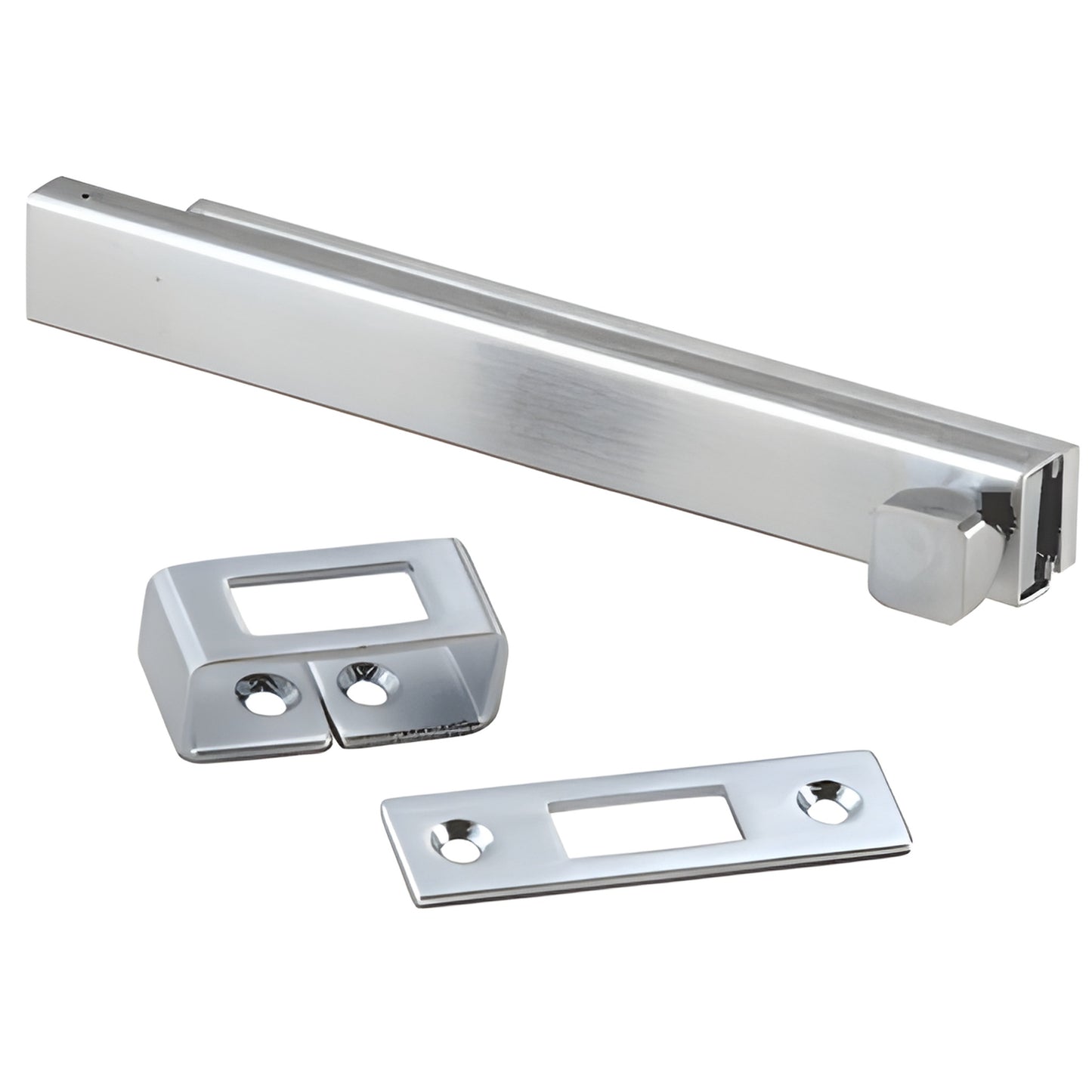 Brushed chrome surface bolt (SKU SB1632), 8" stamped steel bar with knob and two matching strike plates.