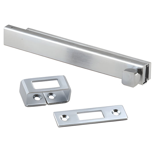 Brushed chrome surface bolt (SKU SB1632), 8" stamped steel bar with knob and two matching strike plates.