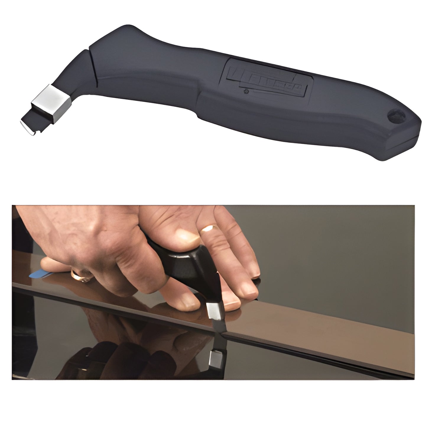 Fletcher HDP11 heavy-duty plastic cutting tool with metal-mounted APB121 long blade and ergonomic grip, shown cutting plastic