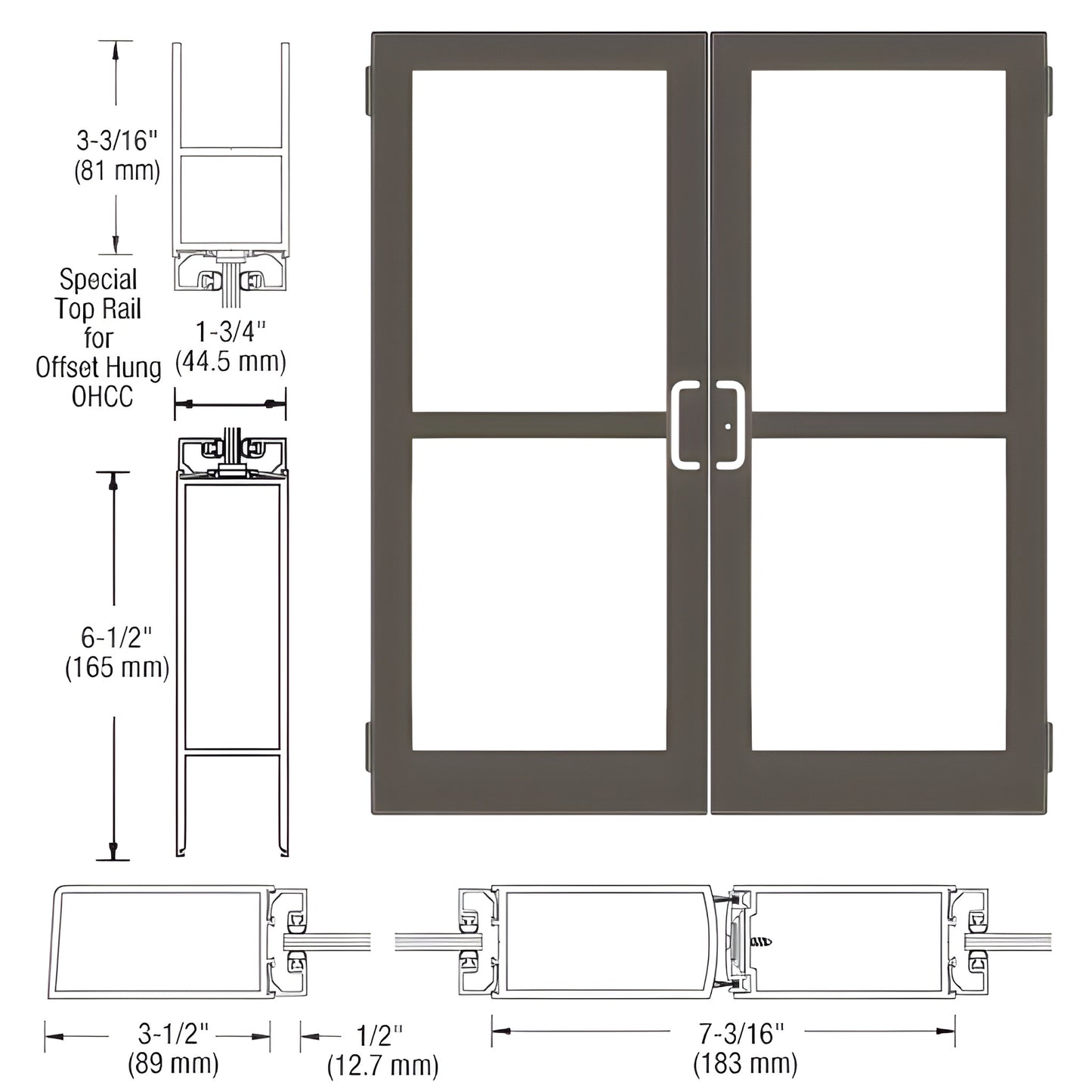 DZ42422: Black bronze anodized commercial double medium stile entrance doors, 4 lite glass, prepped for concealed vertical ro