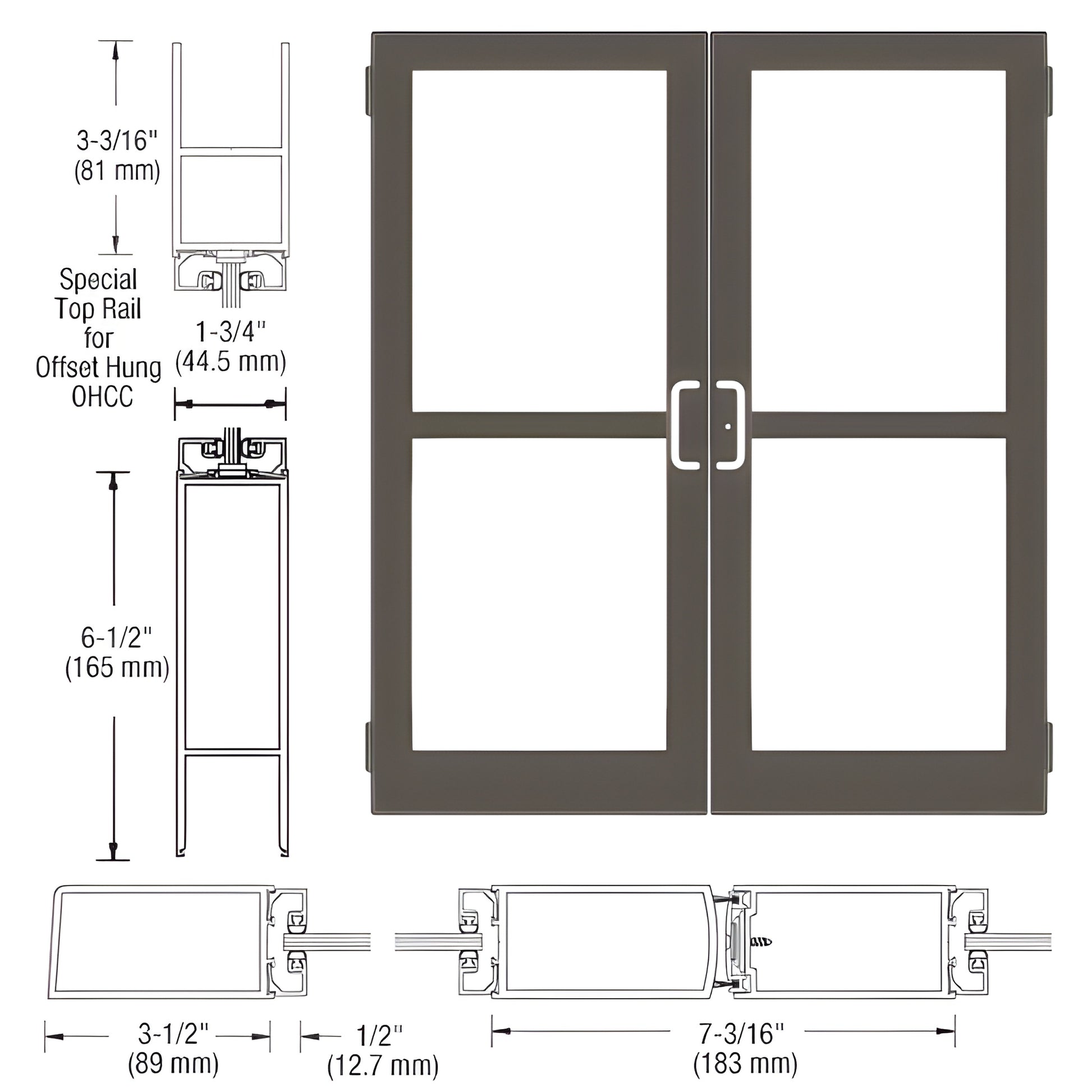 DZ42422: Black bronze anodized commercial double medium stile entrance doors, 4 lite glass, prepped for concealed vertical ro