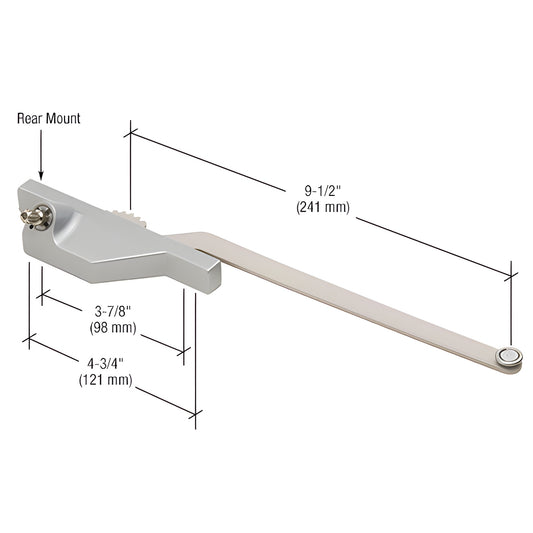 CRL WH30011L clear anodized single-arm roto operator for 90 casement windows, 9-1/2" arm, dimensions shown