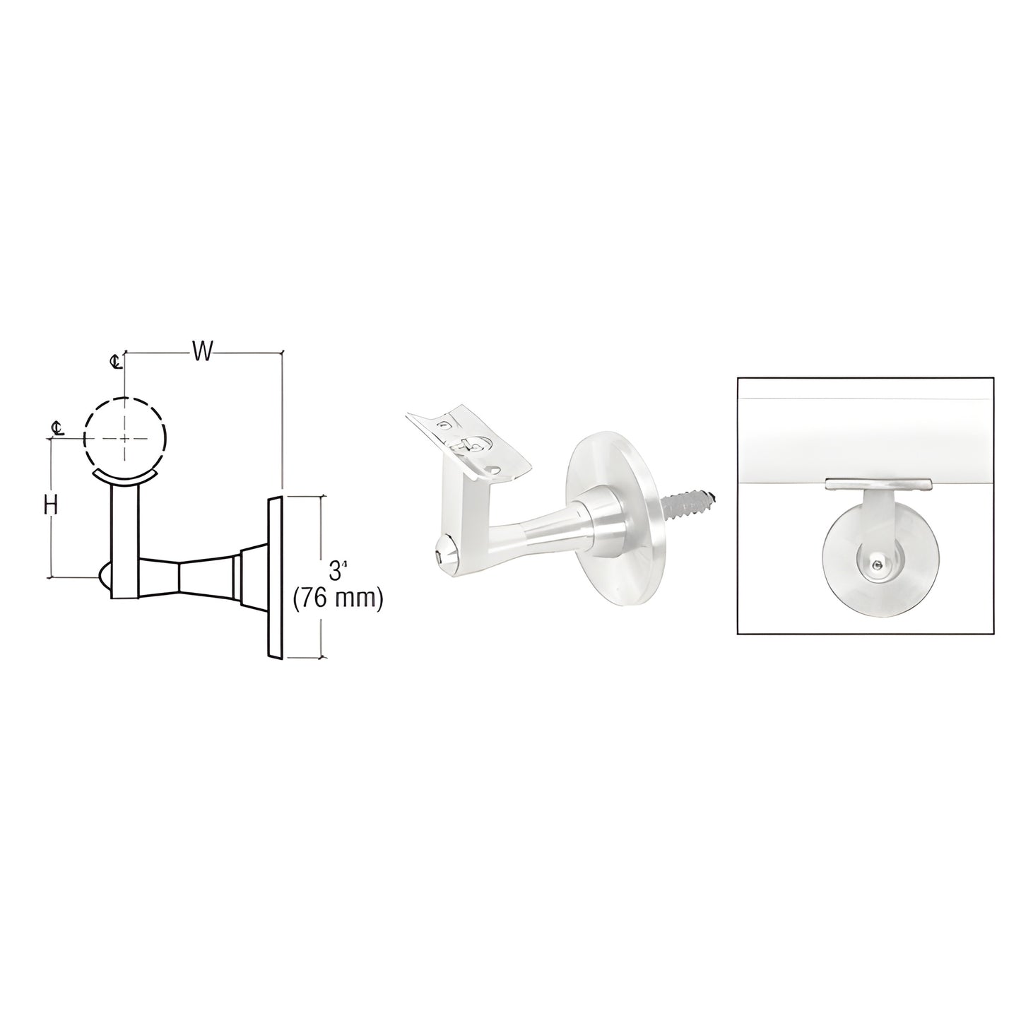 HR2SWPS polished stainless steel 2-way adjustable wall-mounted handrail bracket, fits 1.5-2" tubing, 2-7/8" projection