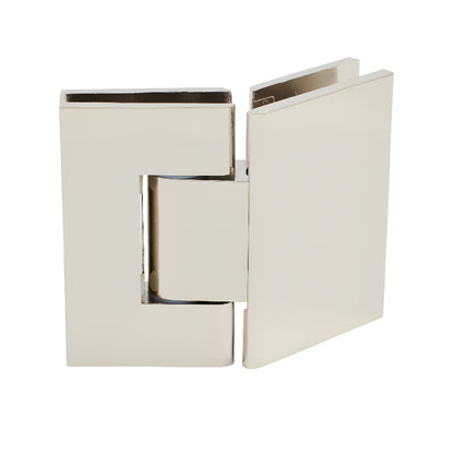 Polished nickel brass Geneva adjustable glass-to-glass shower hinge, self-centering, fits 8-12mm glass (GEN345PN)