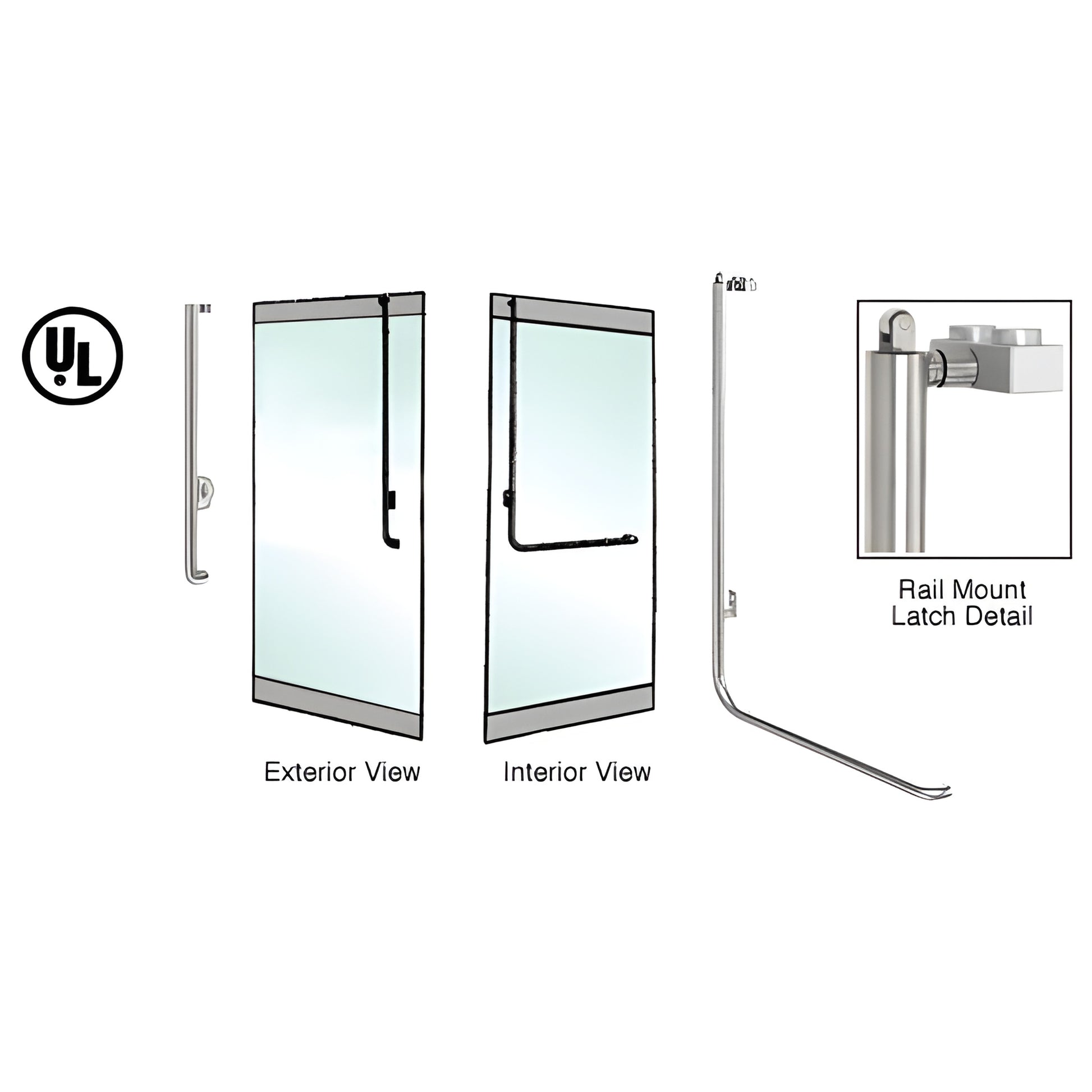 PA100J4RKBS brushed stainless rail mount panic handle for 1/2" tempered glass doors, 1-1/4" tube, latch detail.