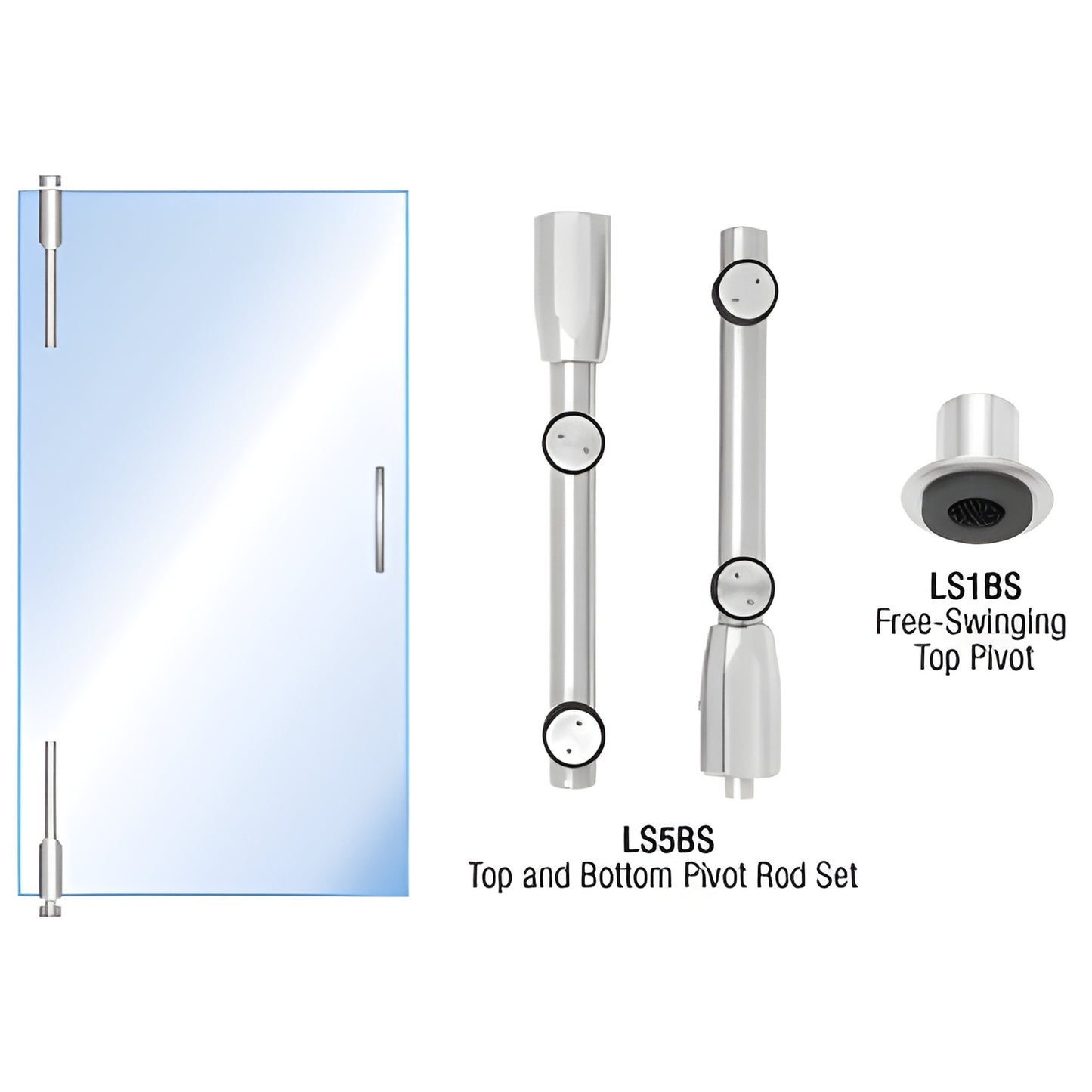 LS14BS Laguna brushed stainless steel pivot hardware set with top/bottom rods and free swinging top pivot for glass door