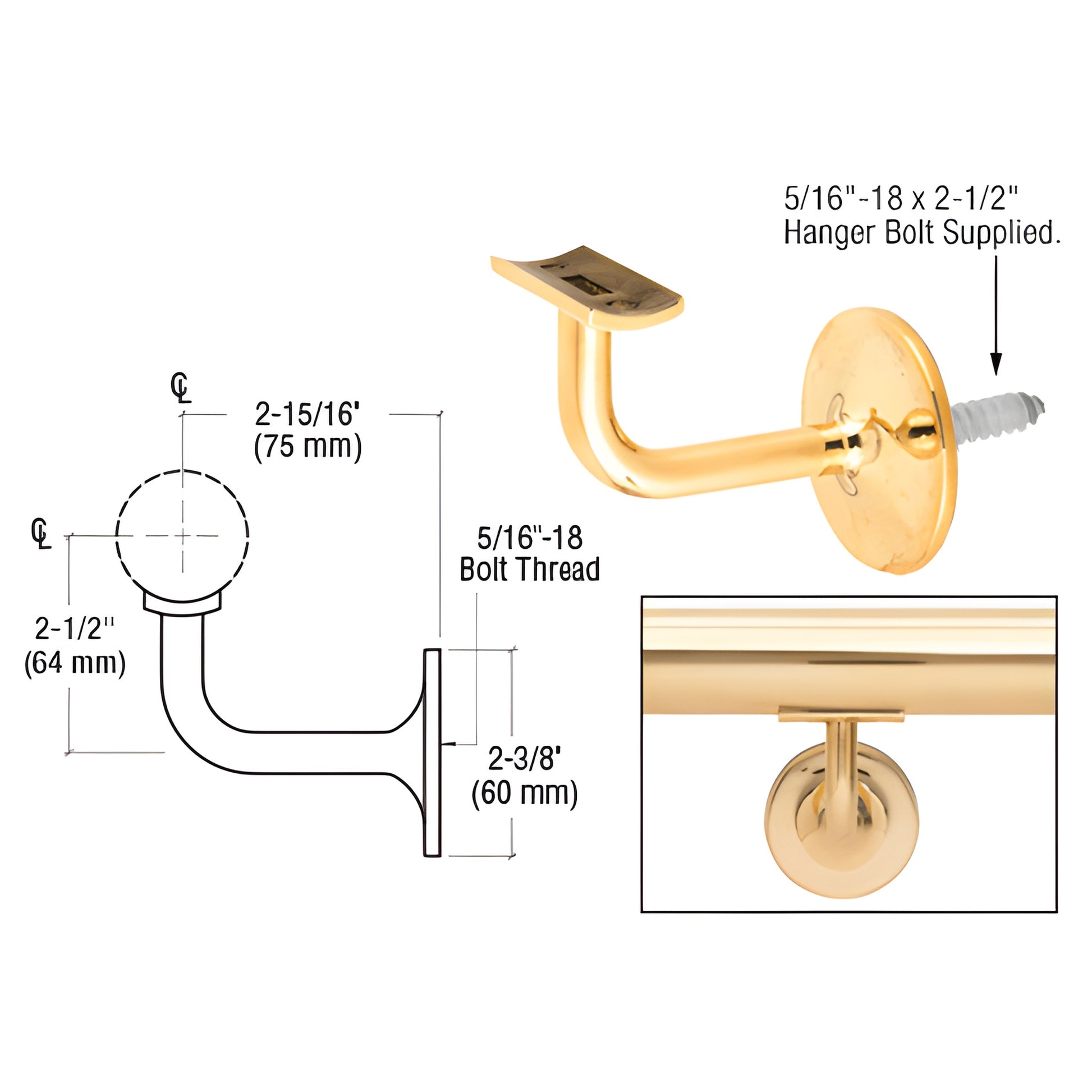 Polished brass wall-mounted handrail bracket (SKU HR15B4PB), 2-15/16" projection, fits 1-1/2" & 2" handrail tubing.