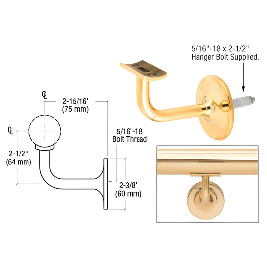 Polished brass wall-mounted handrail bracket (SKU HR15B4PB), 2-15/16" projection, fits 1-1/2" & 2" handrail tubing.