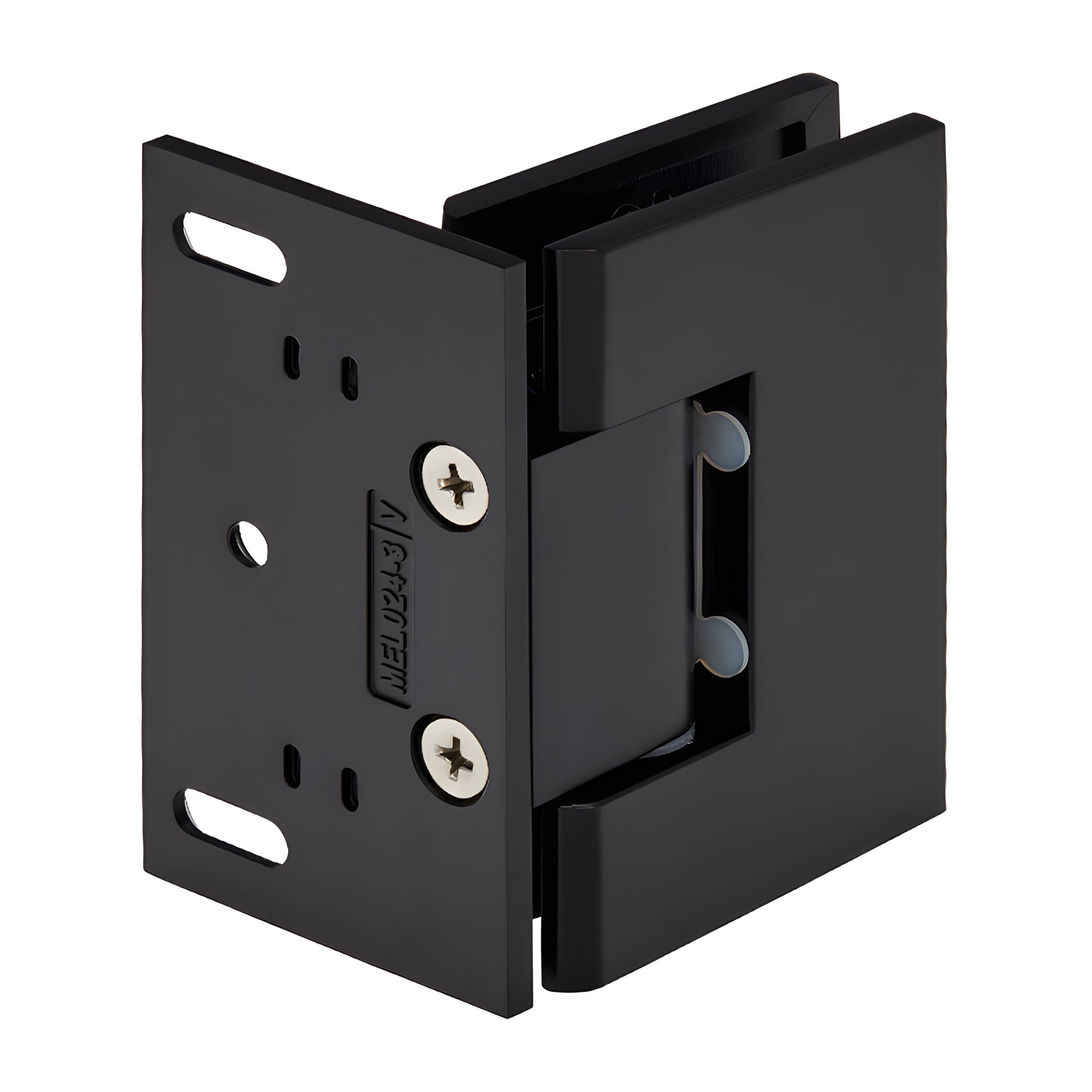 MEL024MBL matte black solid-brass shower door hinge, wall-mount offset design for 8-12mm tempered glass.