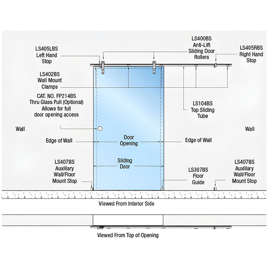 LSWM5BS diagram: Laguna wall-mount single sliding glass door kit, brushed 316 stainless, anti-lift rollers, fits 10-12mm temp