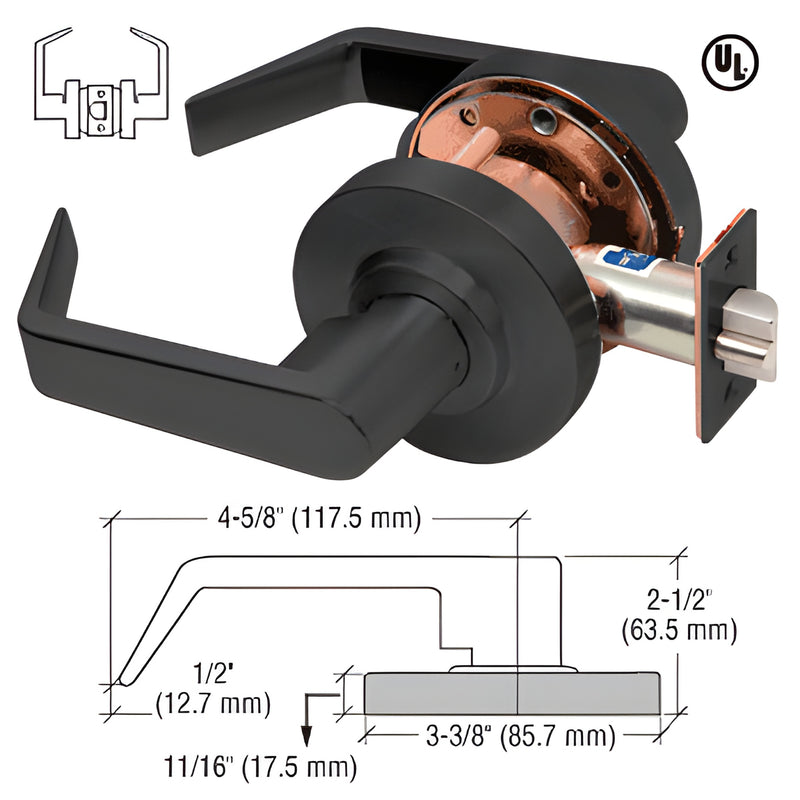 Matte black commercial passage lever D25PASSMBL - non-handed, UL-listed 3 hour lockset.
