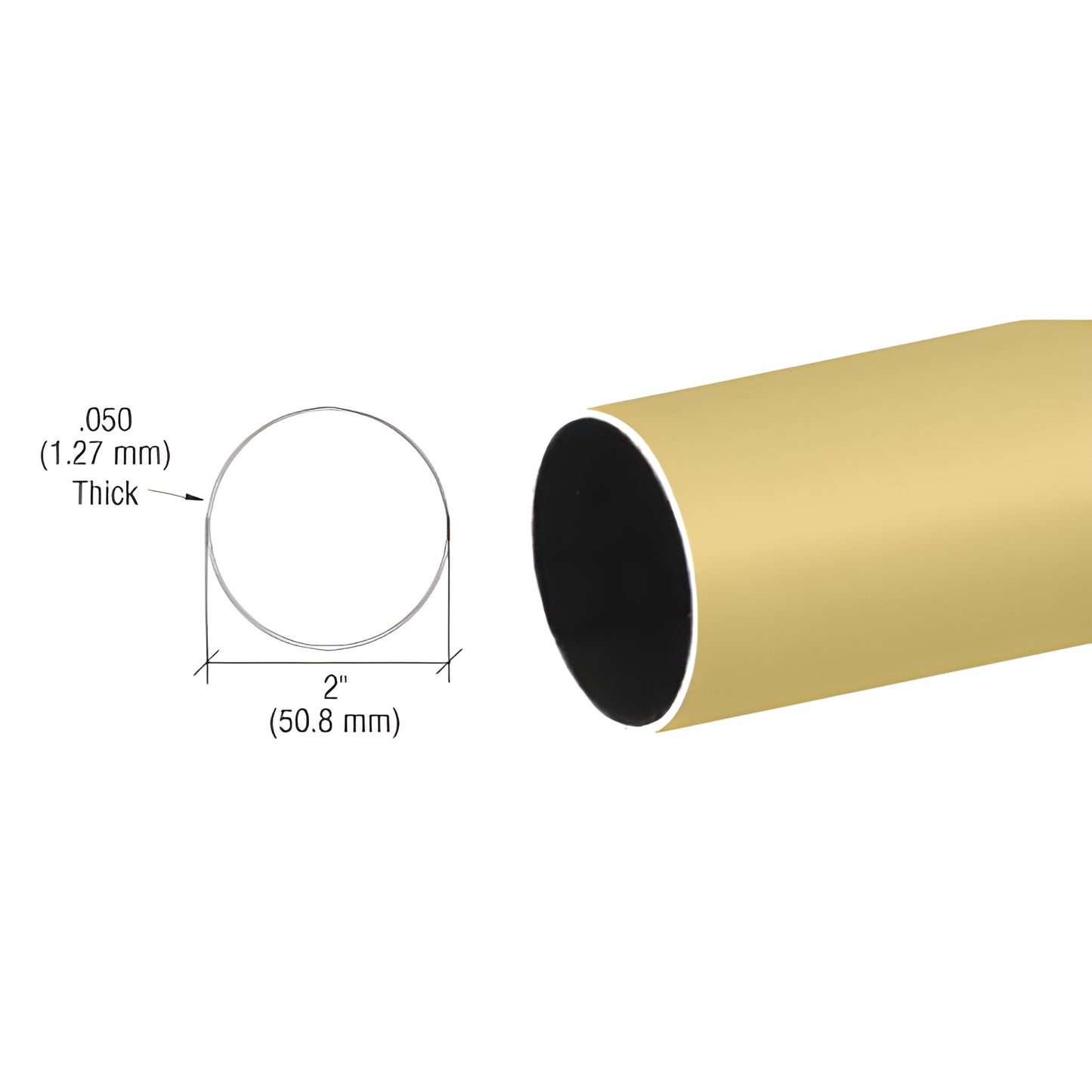 HR20SB satin brass 2 in (51 mm) round handrail tubing, 0.050 in wall, 216 in length
