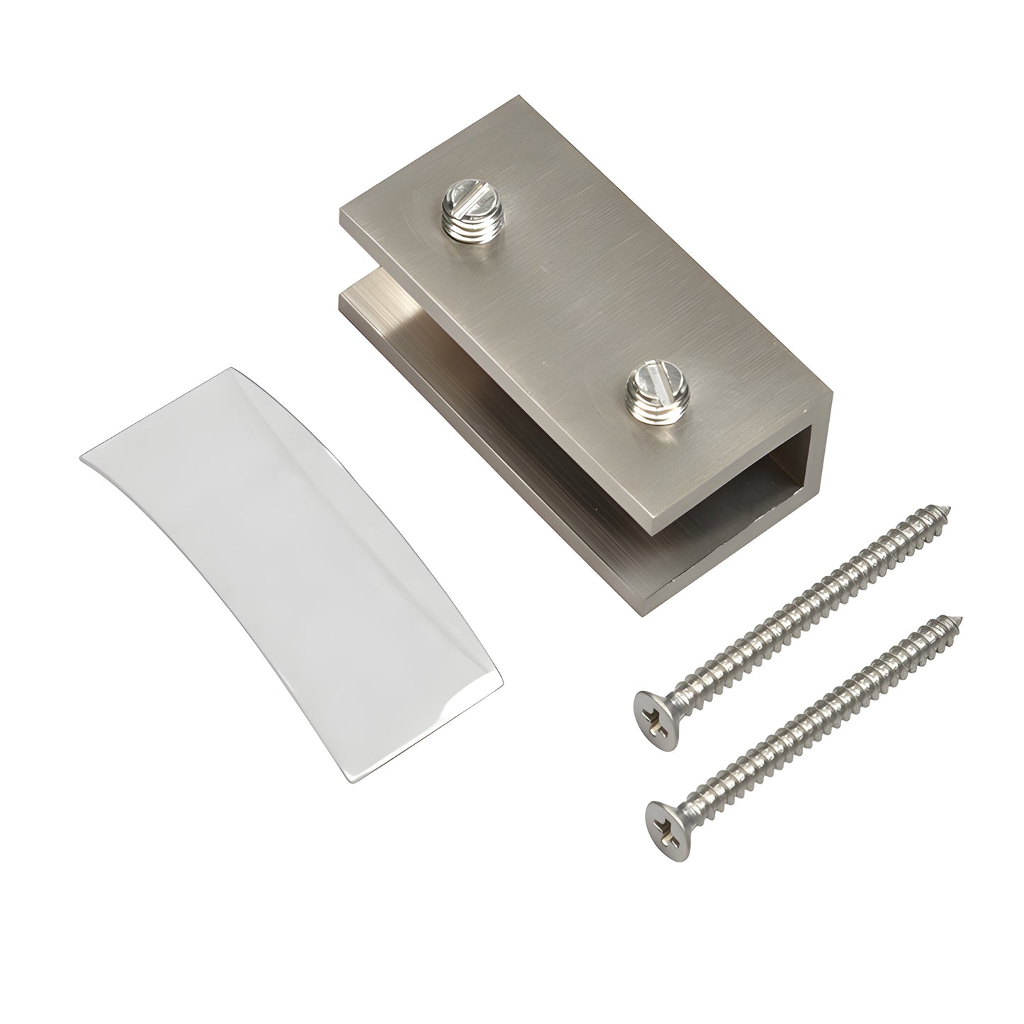 Brushed nickel solid brass no-drill fixed panel clamp with clear gasket and two mounting screws - SKU NDC12BN
