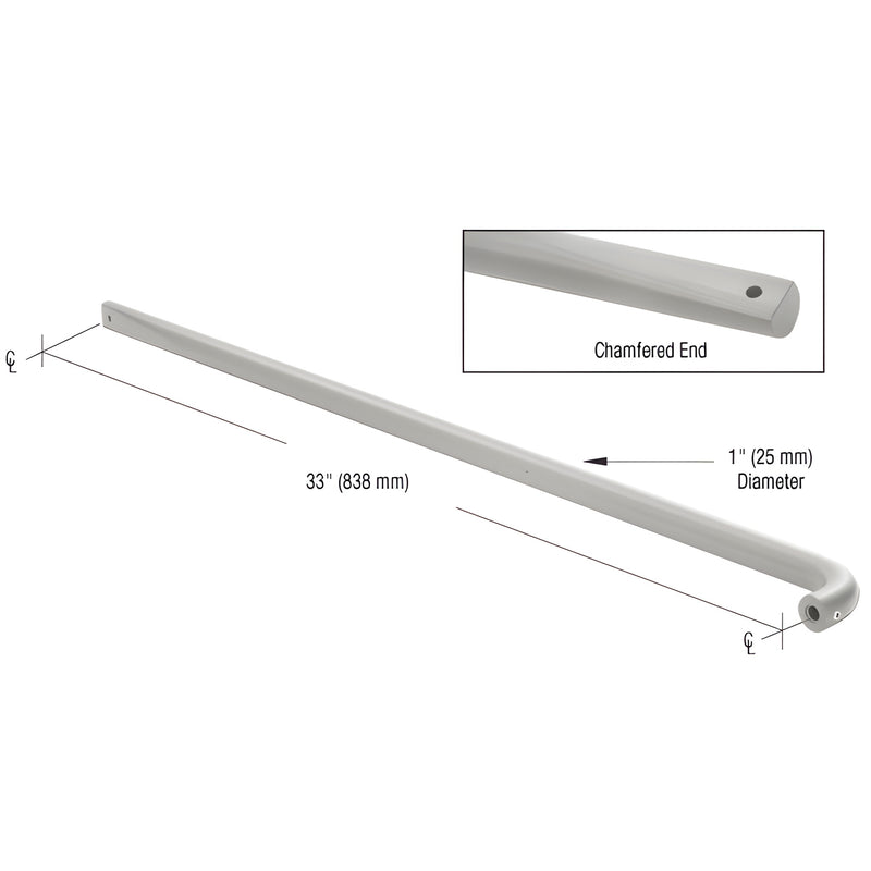 Clear anodized 1" aluminum push bar for double-acting doors, 33" center-to-center, chamfered end.
