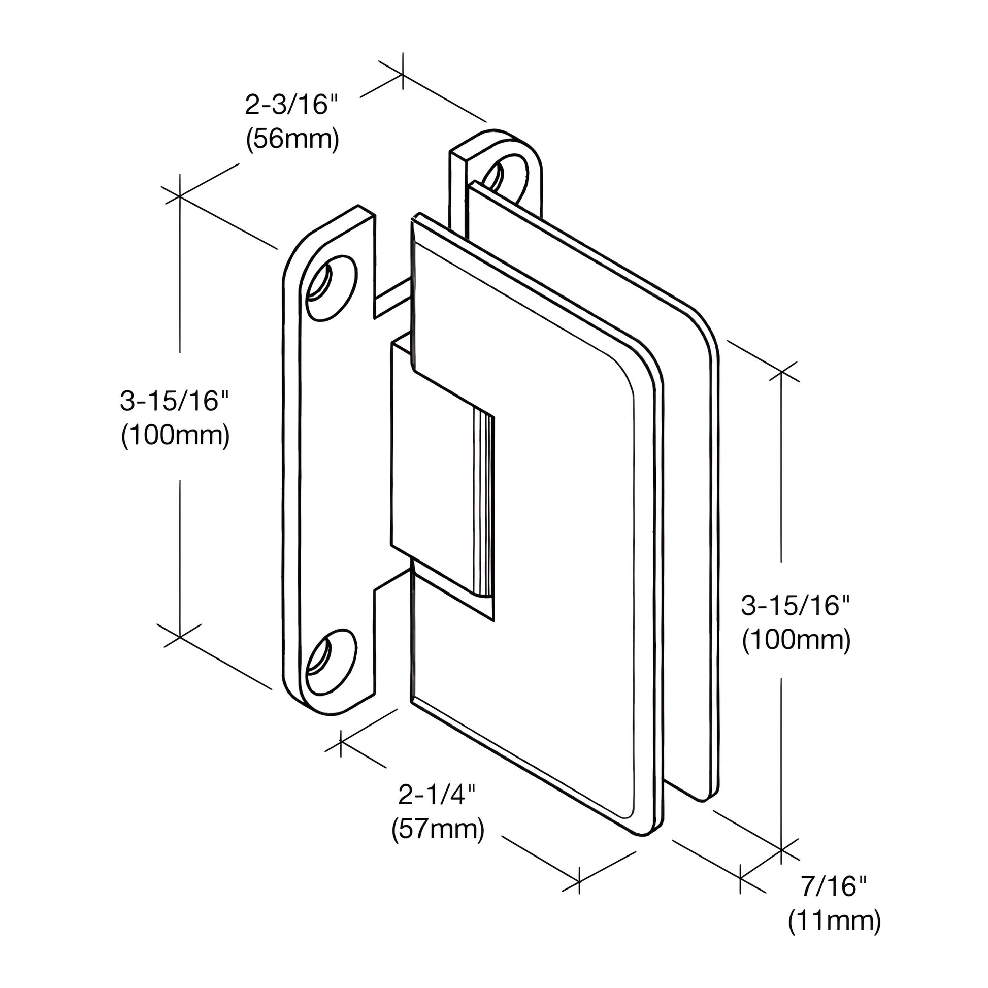 Satin brass Cologne shower door hinge with H wall plate, beveled edges, self-centering, fits 10-12 mm glass.