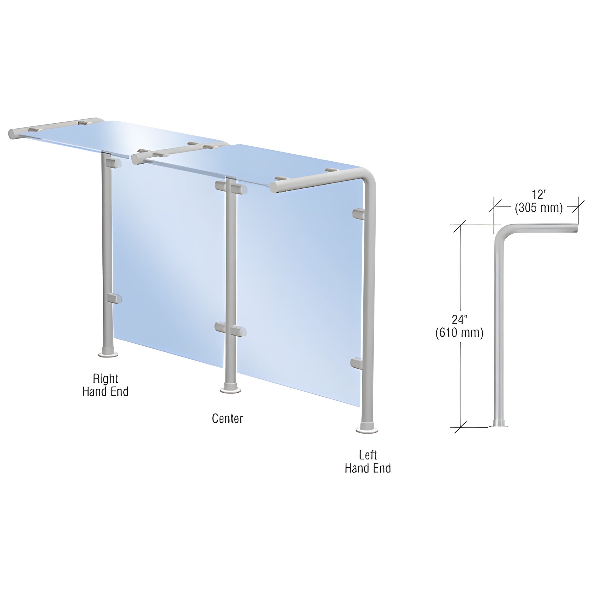 SGS30CBS slimline brushed stainless sneeze guard, 24 in posts, 12 in shelf support, 1 in round tubing, fits 6-10mm glass