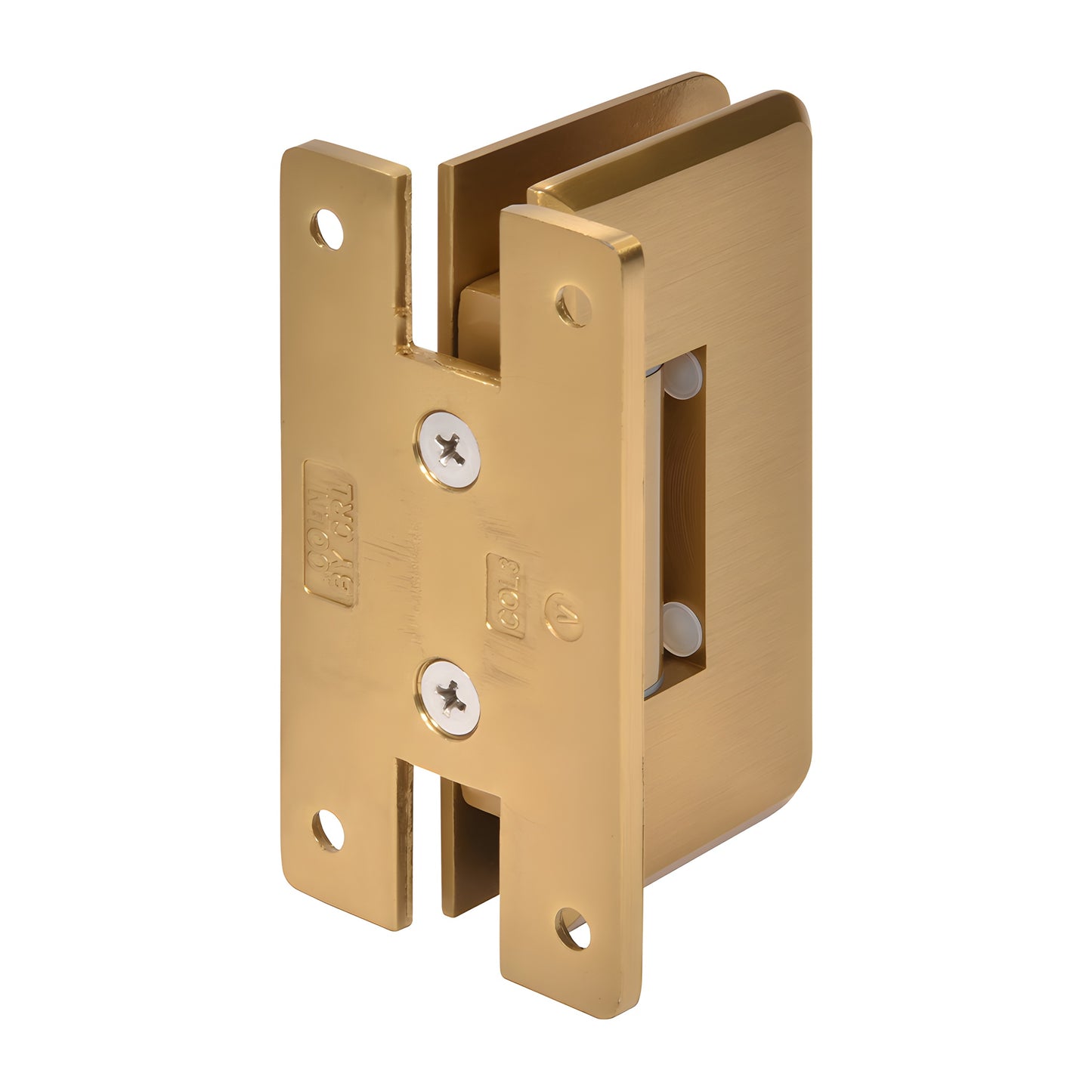 Modern gold brass adjustable shower door hinge (Cologne), wall-mount for 3/8-1/2 in tempered glass.