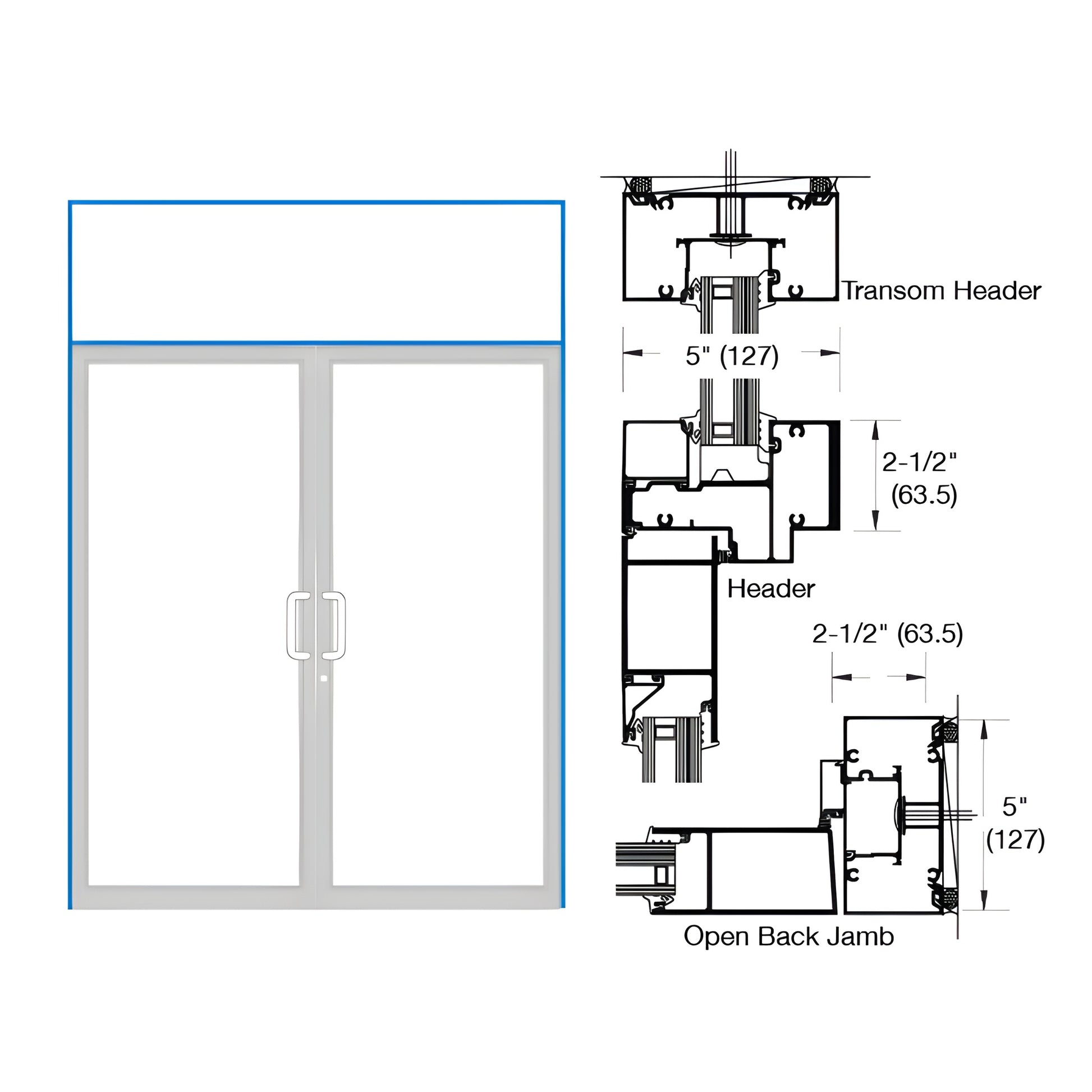 Double impact transom door frame diagram and front view, geared-hinged pair, custom Kynar finish - SKU 0F92871