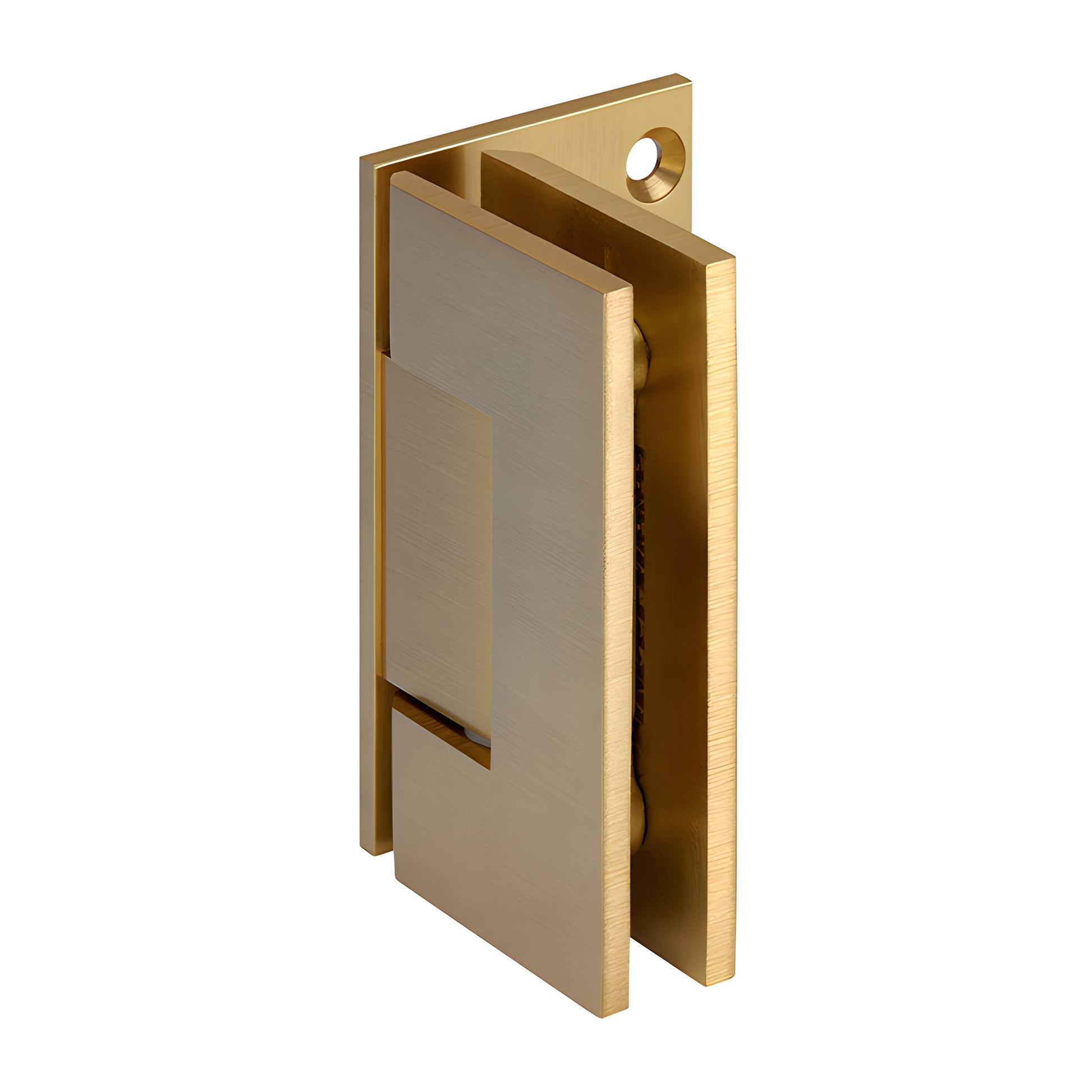Satin brass Geneva wall-mount shower hinge (GEN044SB) for 8-12mm tempered glass, solid brass offset back plate.