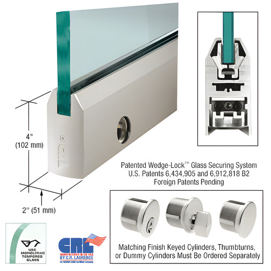 CRL Wedge-Lock 4 in tapered aluminum door rail, 35-3/4 in satin anodized, for 3/8 in glass, includes lock SKU DR4TSA38SL