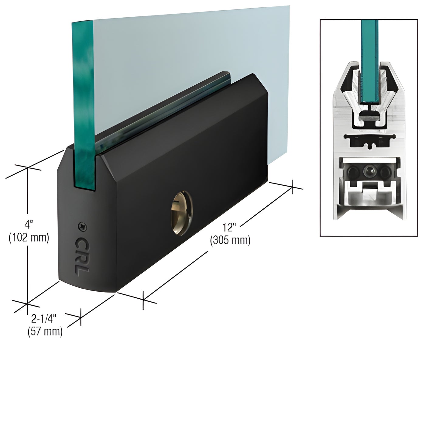 Matte black tapered 9-1/2" aluminum Wedge-Lock door rail for 1/2" glass with lock (SKU: DR4TMBL12PL)