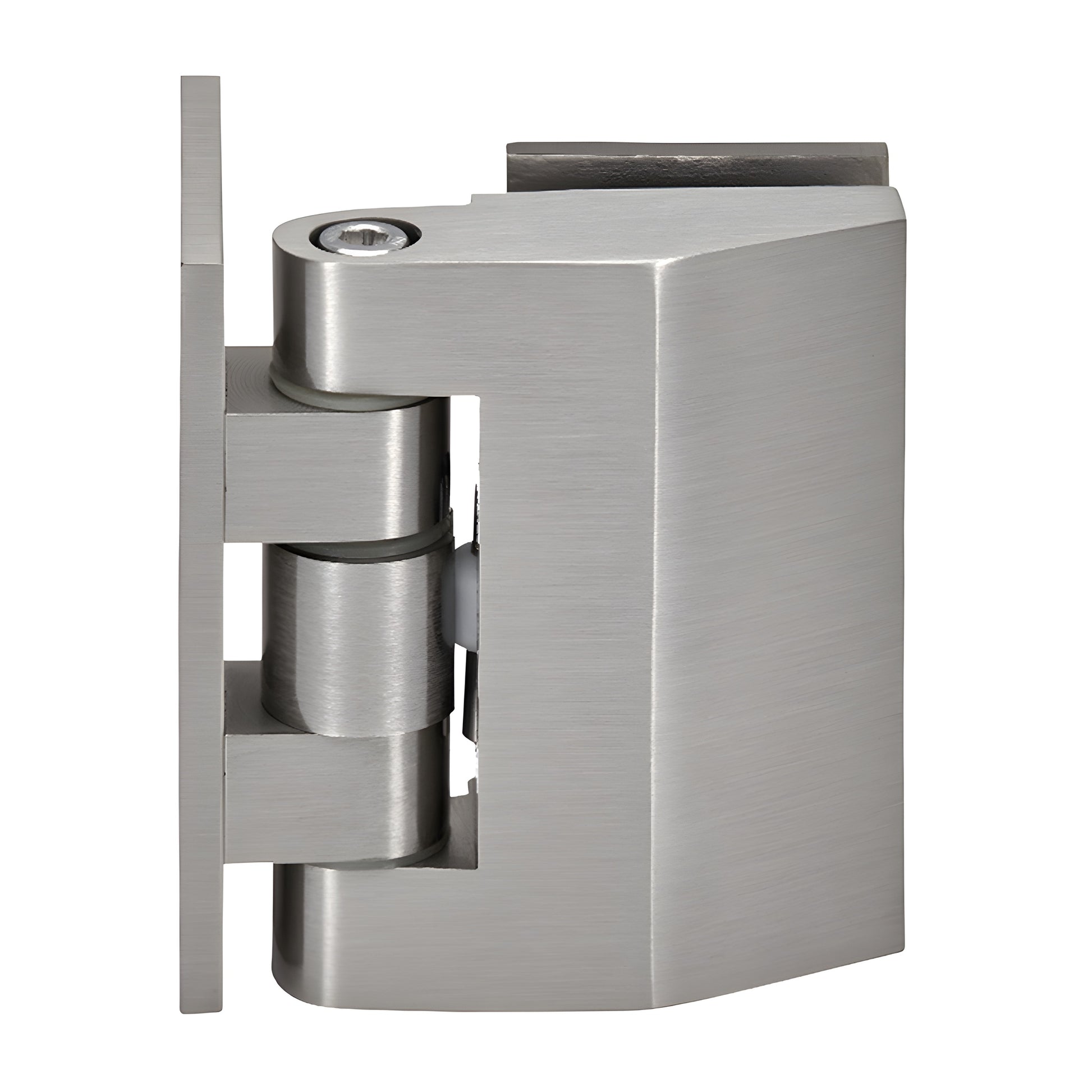 REG037BN brushed nickel adjustable wall-mount shower hinge, solid brass, offset back plate, fits 8-10mm glass