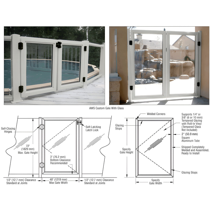 Silver metallic aluminum framed glass pool gate with self-closing hinges, SKU PGAWS1S