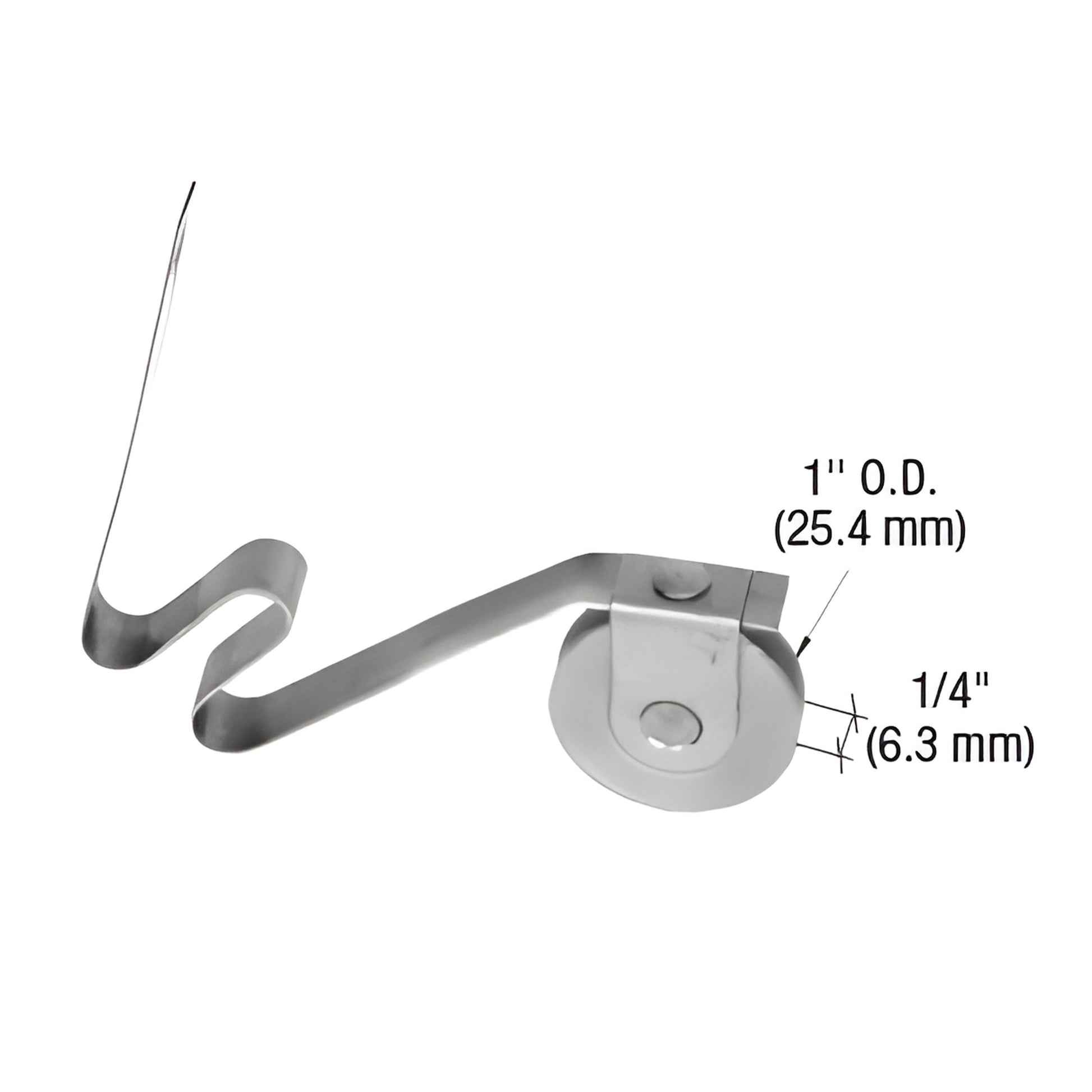 Steel S-coil spring tension screen door roller with concave 1" OD, 1/4" wide wheel (SKU B513).