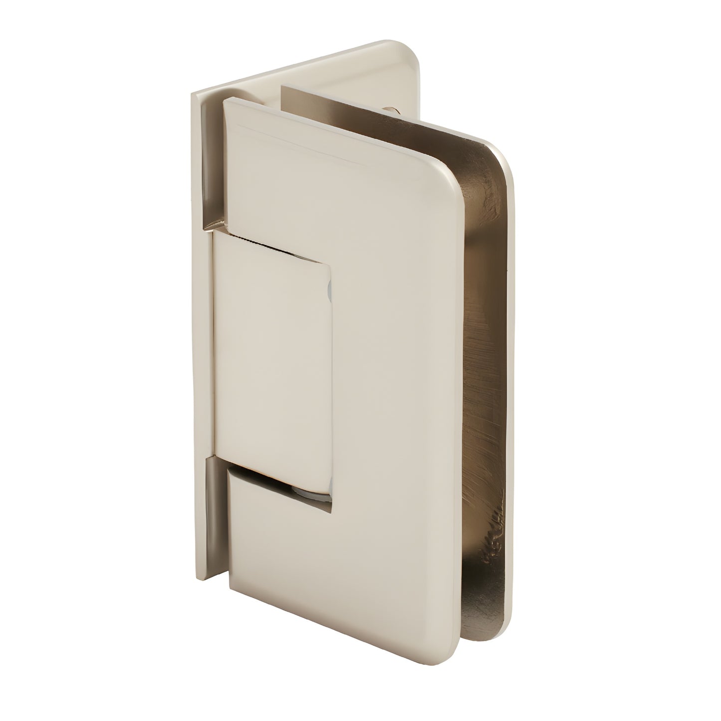 Satin nickel brass shower hinge P1N044SN for 8-12mm glass, offset back plate, beveled edge.