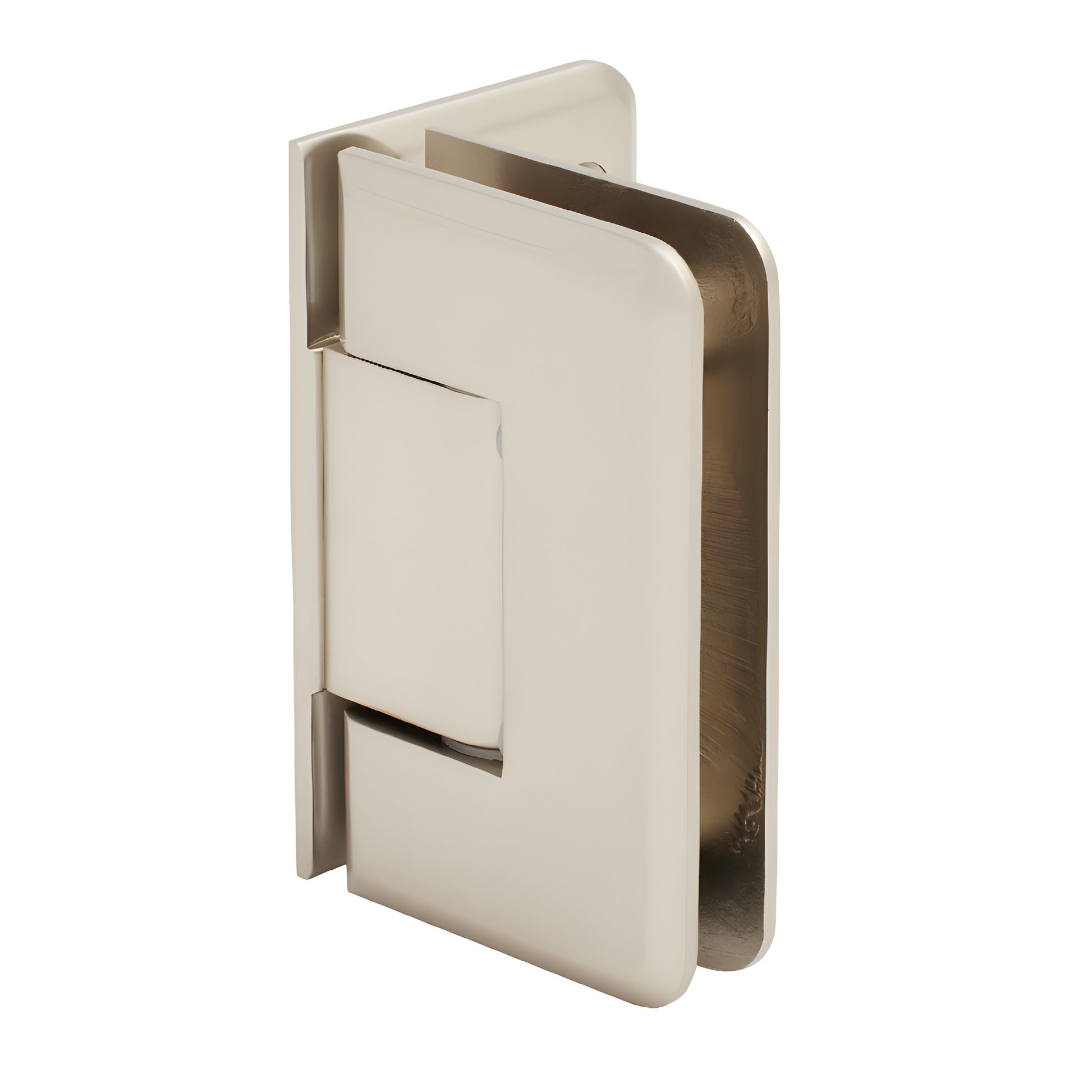Satin nickel brass shower hinge P1N044SN for 8-12mm glass, offset back plate, beveled edge.
