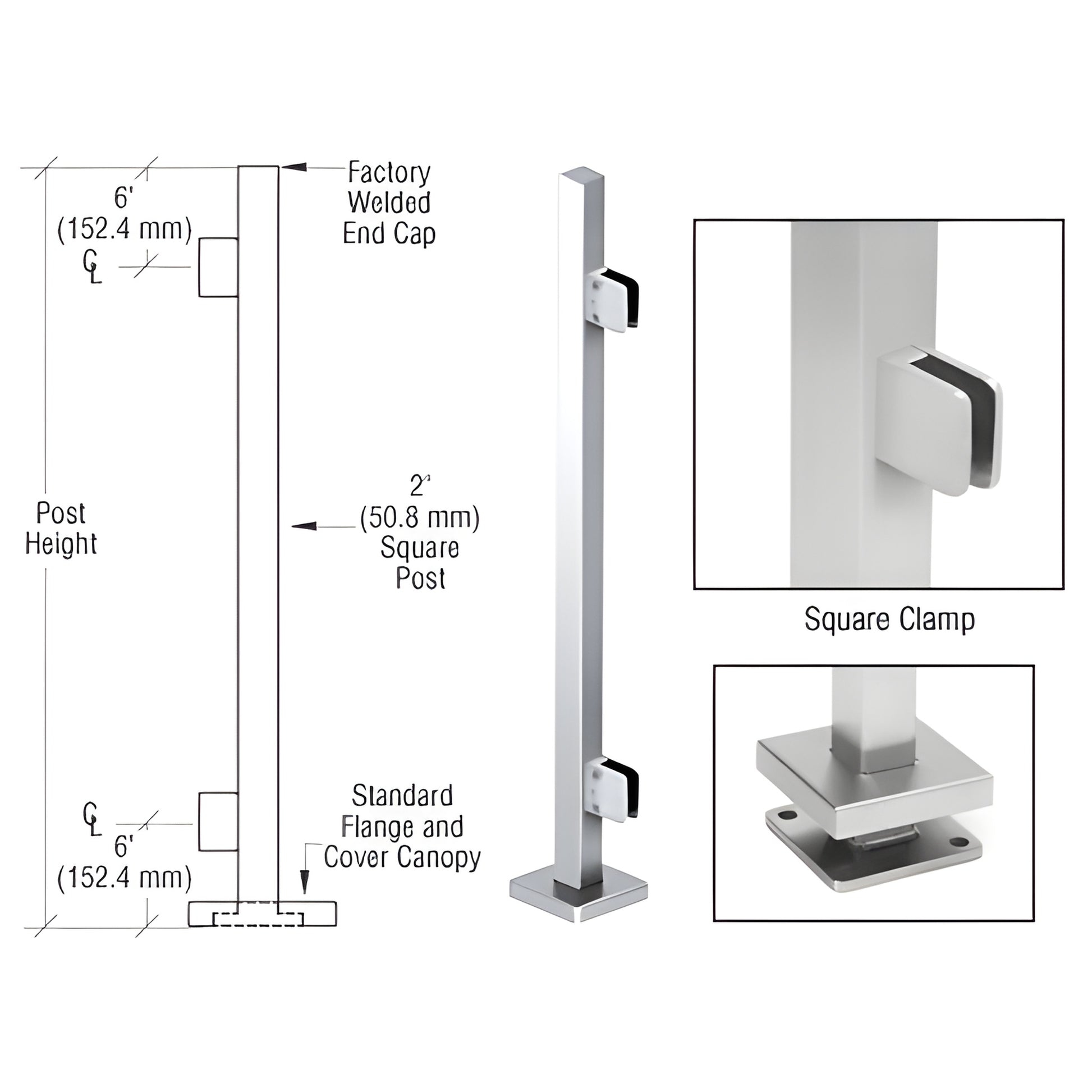 SPS36EPS stainless steel 2" square post kit with Z series glass clamps, welded end cap and 5" base plate cover.