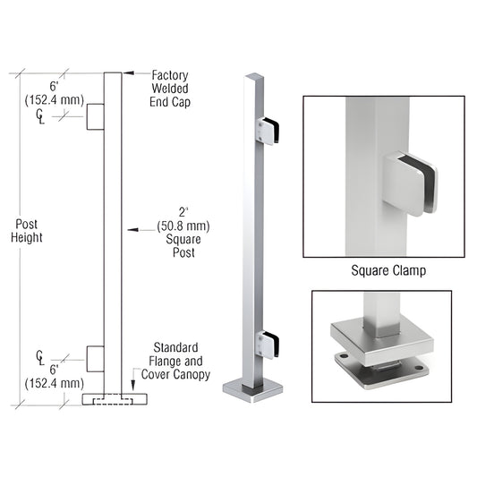 SPS36EPS stainless steel 2" square post kit with Z series glass clamps, welded end cap and 5" base plate cover.
