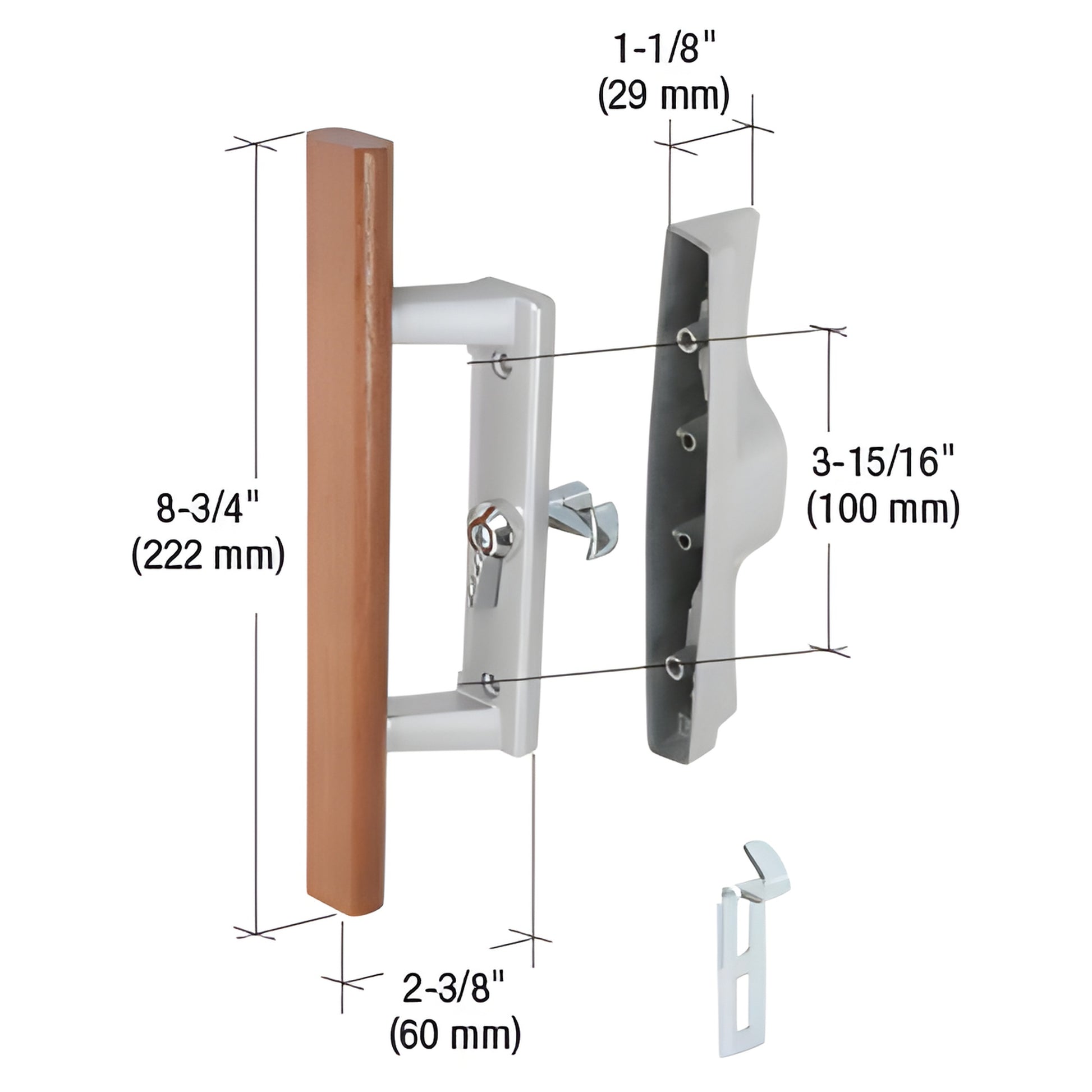CRL C1018 internal lock handle for sliding glass doors - diecast aluminum housing with wood pull, reversible, 8-3/4in.
