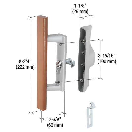 CRL C1018 internal lock handle for sliding glass doors - diecast aluminum housing with wood pull, reversible, 8-3/4in.