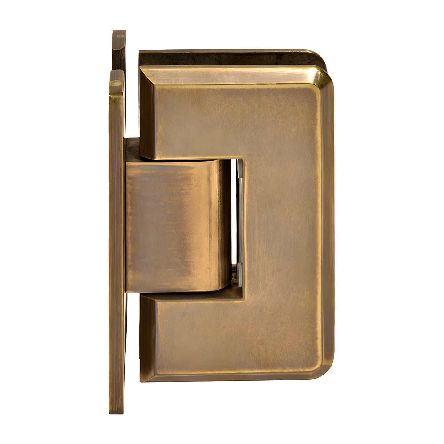 Vintage brass Cologne shower door hinge, H back plate, beveled edges, fits 3/8-1/2 glass (SKU C0L037VBR)